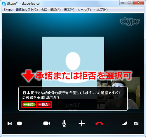 ビデオ通話開始時に映像の承諾が表示される